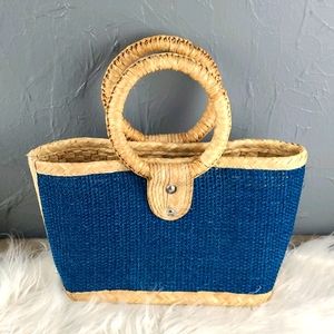 Boho Blue Tan Rattan Hang Bag
